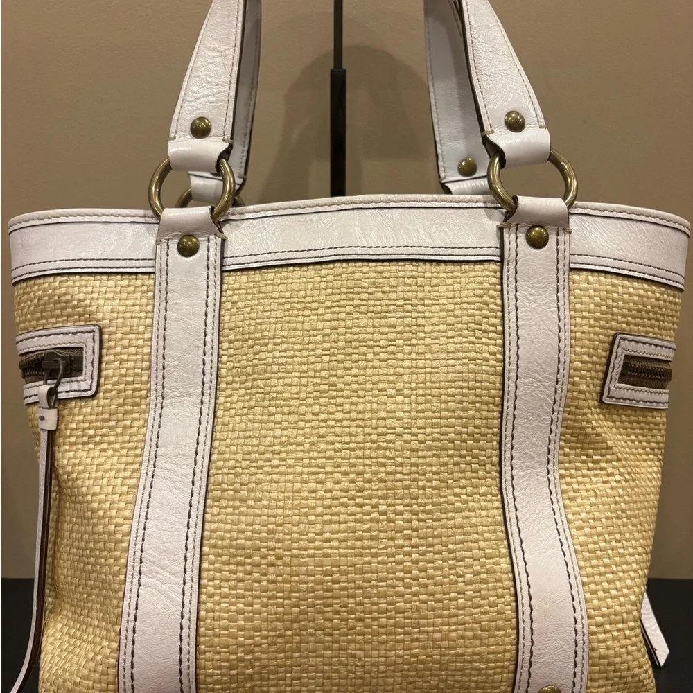 Coach Y2K Legacy Straw and Leather Tote Bag.